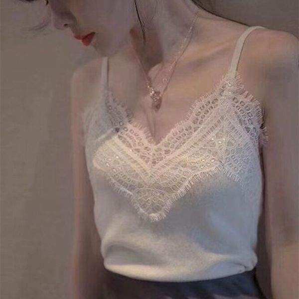 

lace strap women's eyelash edge backless flower vest base shirt sleeveless stretch ice silk knitted camisole vest, Camo