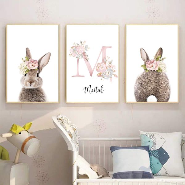 

rabbit canvas art painting girl's custom name poster bunny print nursery wall art pink flower pictures nordic baby room decor