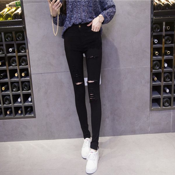 

2019 spring and summer new pencil tight outer wear hole leggings women's tight elastic pencil pants women's pants, Black;white