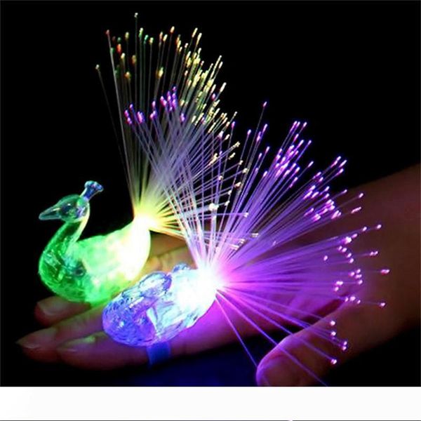 

in stock creative peacock led finger ring lights beams party nightclub color rings optical fiber lamp kids children gifts party supplies