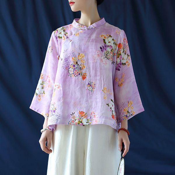 

women loose print ramie chinese style blouse ladies vintage stand collar elegant floral shirt female 2020 summer blouses, White