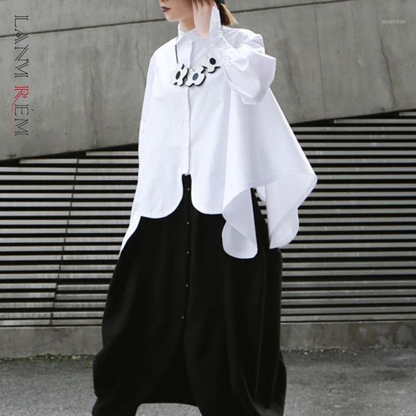 

lanmrme 2020 new spring summer lapel long sleeve white irregular hem cut stitch irregular big size shirt women blouse jo1951