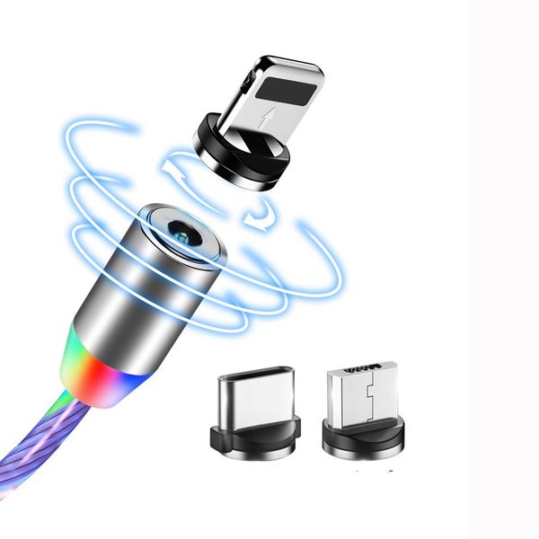 

fast charging magnetic usb cable flowing led glowing 3 in 1 usb cords compatible with type-c android