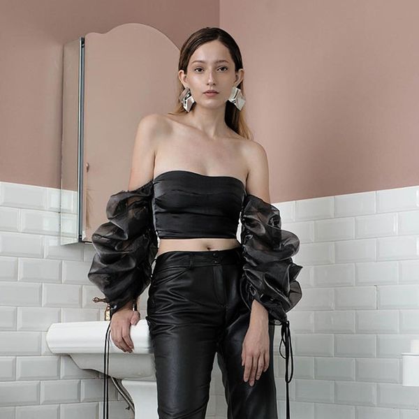 

less one-line collar bubble sleeve 2019 winter shoulder strap shoulder strap new women's fashion lace-up bra, Camo