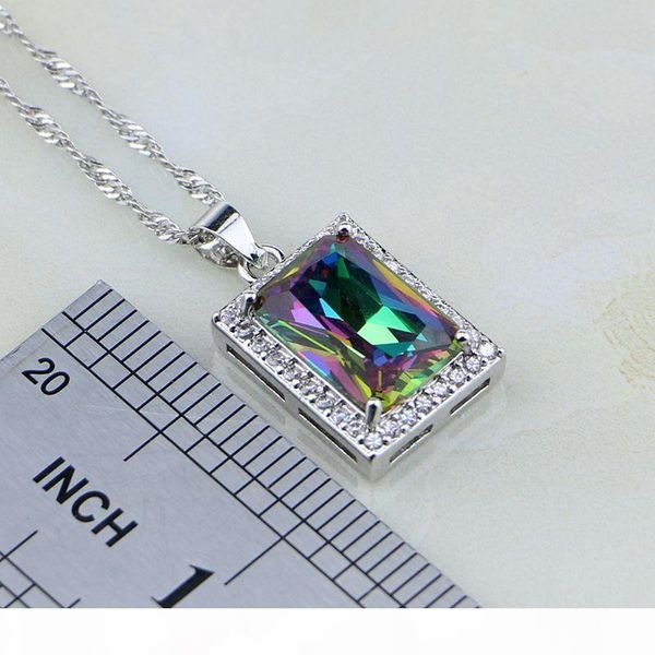 

l natural square mystic rainbow fire white zircon 925 silver jewelry sets for women wedding necklace earrings pendant ring
