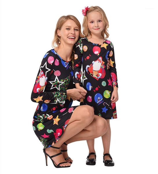 

womens christmas family cartoon dress woman spring autumn festival o-neck long sleeve a-line mid dresses women fashion clothes, Black;gray