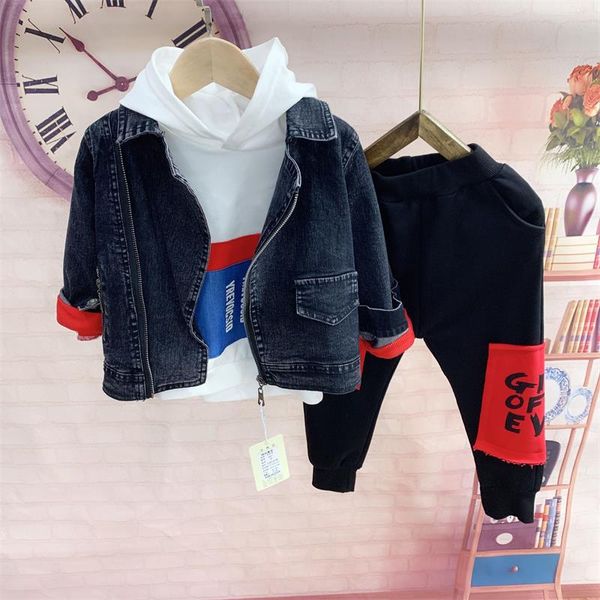 

clothing sets spring autumn children's set baby boy clothes suit quality cowboy jacket, hoodie, pants 3pcs kids, White