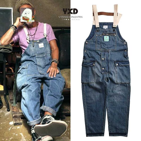 

new cotton old fashioned men's multi-pocket button loose bib overalls hip hop cargo pants suspenders jumpsuits coveralls wash, Blue