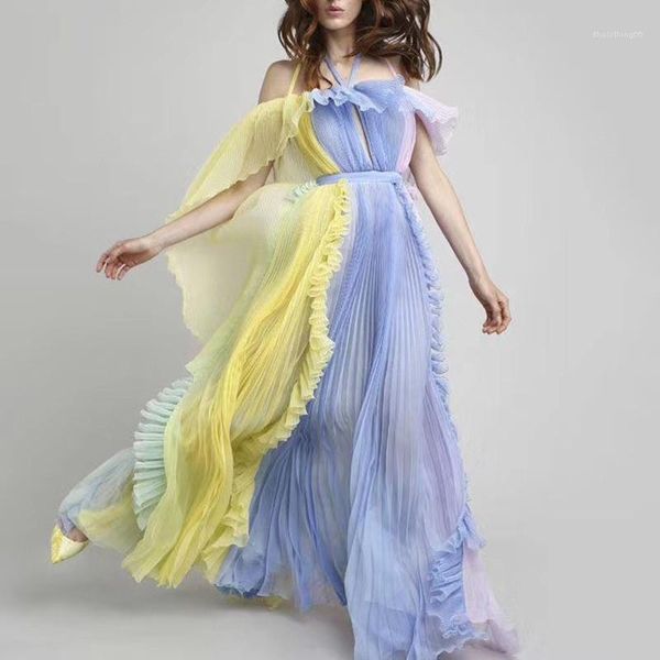 

female clothing summer womens designer casual dress halter high waist contrast color a line pleated dress casual, Black;gray