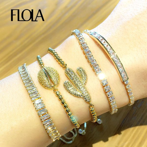 

flola gold shell charm bracelets for women crystal tennis bracelets bohemian stone cz cubic zirconia cactus women jewelry brtb86, Golden;silver