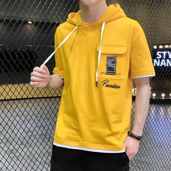 

2020 summer t-shirt men's short sleeve sweater hooded pure cotton junior high school students hat thin ins fashion top, White;black