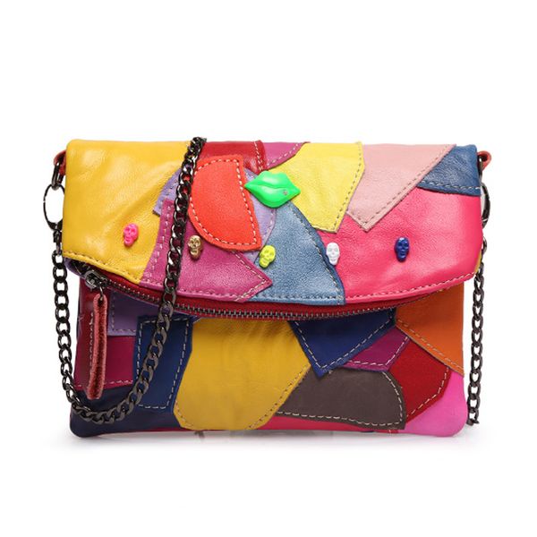 

genuine leather handbag colorful patchwork shoulder bag leather purse shoulder messenger bags 2020 new summer bag for beach
