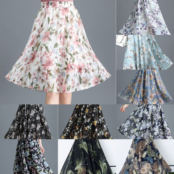

цветочные шифон для юбки женщин 2020 летний новый высокой талии эластичный пояс супер фея юбка a- линия печатается большая юбка, Black