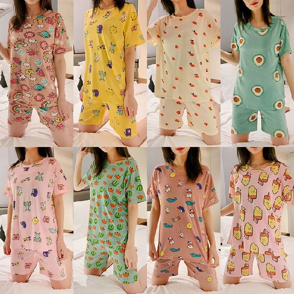 

short-sleeved loose korean style and pajamas shorts women's milk silk short-sleeved shorts sweet cute pajamas for women, Blue;red