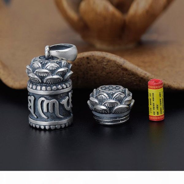 

s990 sterling silver six works buddhism jewelry surangama mantra pendant necklace retro men proverbs gawu box lotus openable storage case