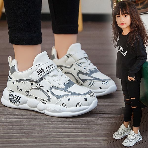 

6zu9a girls' season new sports sports children's sneakers leather waterproof casual anti-skid printed shoes small middle school ch, Black