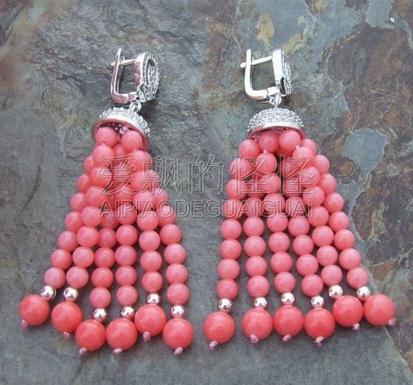 

charm women's 2.5" pink coral earrings cz pave setting, Golden