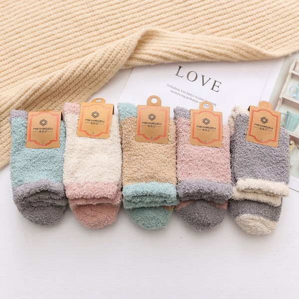 

female coral medium wool towel fur fleece winter towel home thickened sleep snow floor mid-tube socks half-side fleece socks, Pink;yellow