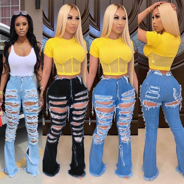 

женская мода одежда hole рваные улица тенденция расклешенные джинсовые брюки дизайнерские джинсы брюки высокой талии брюки дамы ночной стрит, Blue