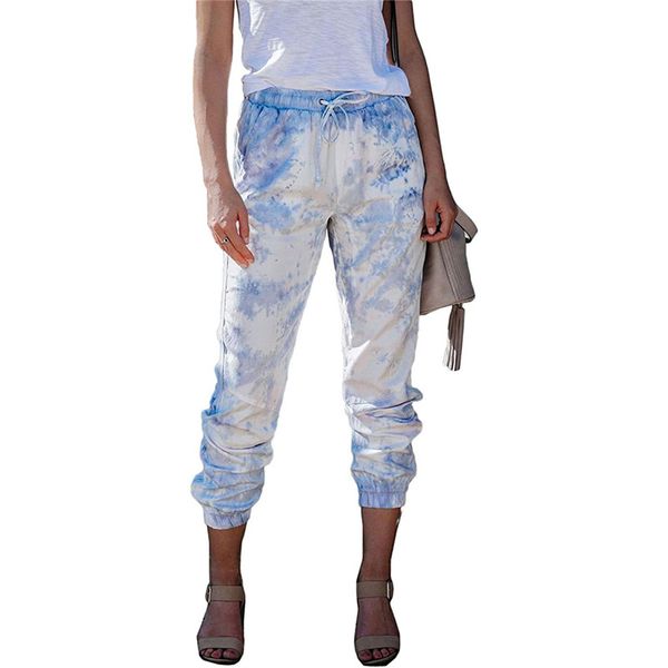 

women tied dye calf-length pants jogger sweatpants casual tied dye print elastic waist drawstrings active trousers with pocket, Black;white