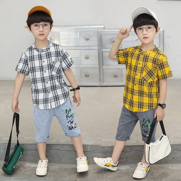 

xczqa boys clothing ' plaid shirt clothing 2020 new children's foreign style medium and large children's short-sleeved shirt, White;black