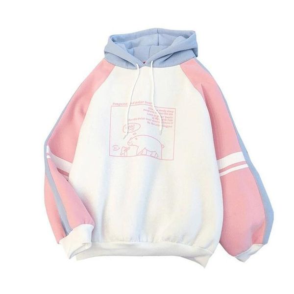 

cartoon bear print hoodies sweatshirt women 2020 winter patchwork drawstring hooded pullover long sleeve korean ladies basic top, Black