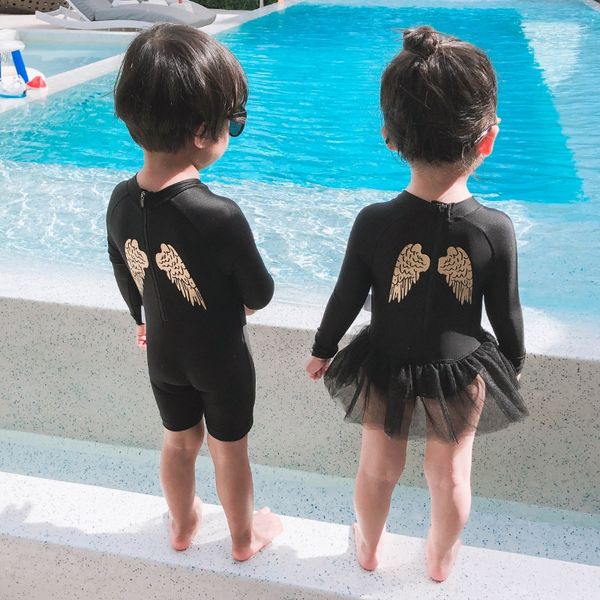 

angle angel's wings boys swim ' and girls' conjoined swim long-sleeved sunscreen training suit swimming suit cute baby, Black