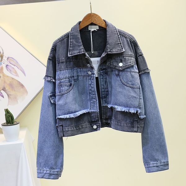 

ewq] autumn denim jacket women new korean loose bf contrast color stitching high waist slim jacket lady jackets coat, Black;brown