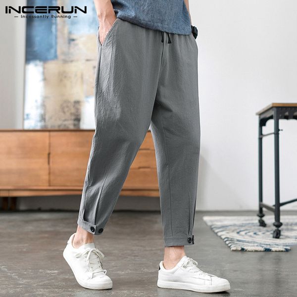 

men's pants incerun men vintage ankle length trousers fashion drawstring harem solid color cotton joggers leisure pantalones 5xl, Black