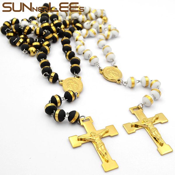

sunnerlees jewelry stainless steel black white plastic bead chain jesus christ cross pendant long necklace mens womens spn04, Silver