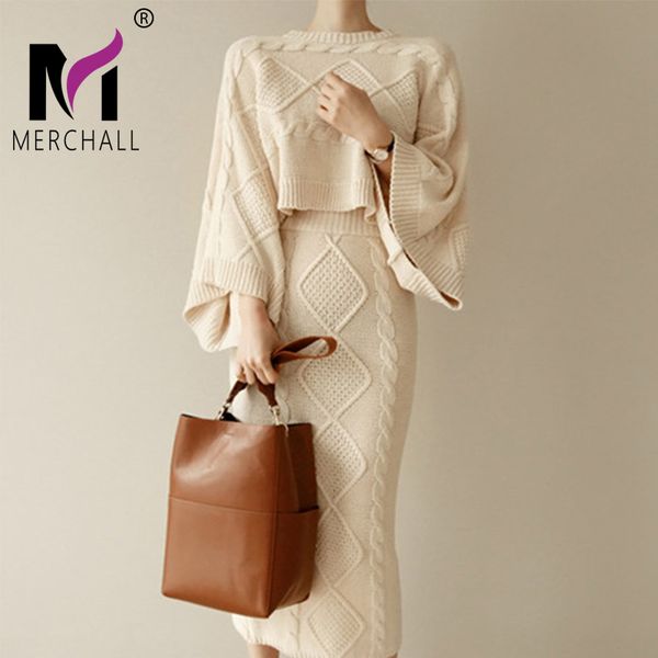 

so good autumn winter women knitted 2 piece set batwing sleeve loose +slim bodycon skirt female sweater suits, Gray