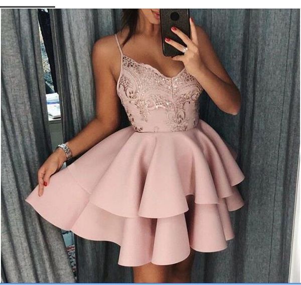 

spaghetti straps lace a line homecoming dresses layered knee length short prom party cocktail dresses tsd-211, Red