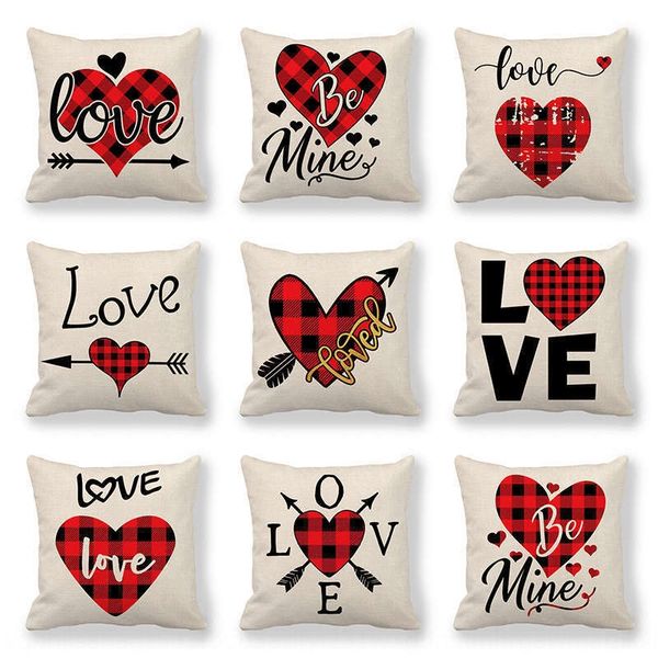 

2020 new home pillowcase nordic red valentine's day plaid letter linen pillowcase cushion cover