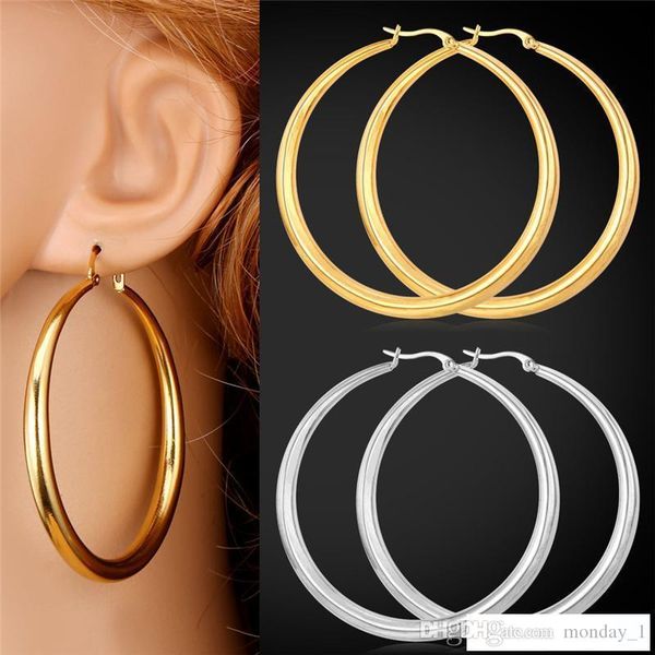 

u7 big earrings new trendy stainless steel 18k real gold plated fashion jewelry round large size hoop earrings for women, Golden;silver
