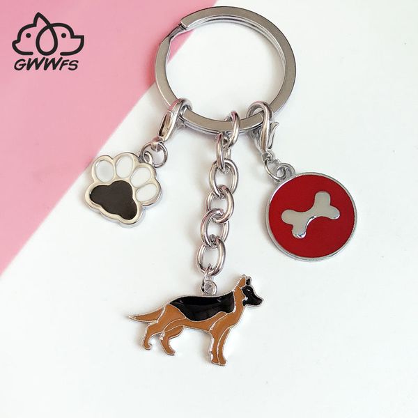 

2020 german shepherd dog keychain pet dogs charm key chains bone feet pendant gift for friends woman jewelry wholesale, Silver