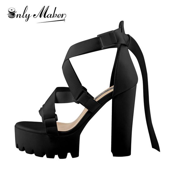 

onlymaker women's balck ankle strap platform block heel sandals buckle criss cross strap peep toe heeled sandal for summer, Black
