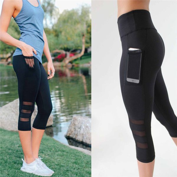 

gauze high splicing side pocket transparent quick drying ventilation pants workout leggings women shein joggers women fitness legging, Black