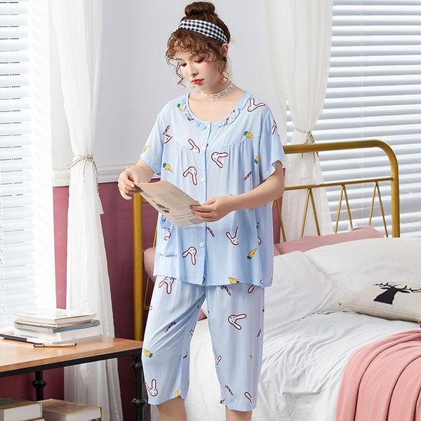 

c47ky women's short-sleeved capri pants cardigan artificial cotton thin cotton pajamas buckle large size sweet clothes home clothes hom, Blue;red