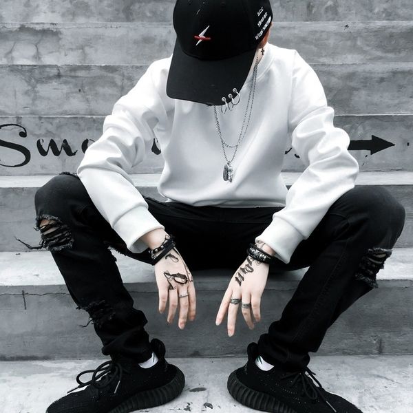 

2019 autumn new men's national fashion national fashion hip-hop harajuku loose pullover sweater youth pullover sweater, Black