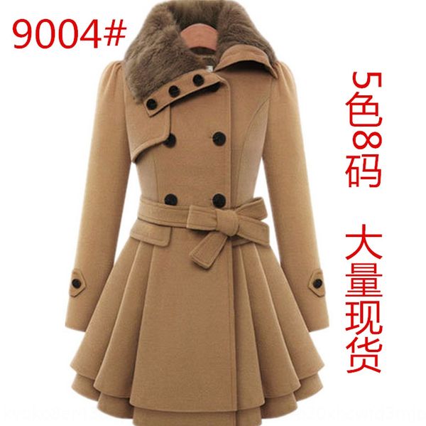 

тонкая шерсть шерсть средней длины шерстяное пальто новых женщин двубортный утолщенной пальто + пояс 9004, Tan;black