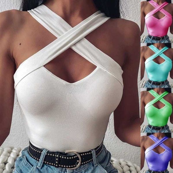 

women strappy cross over front cut out halter neck sleeveless backless crop bandage vest summer woman clothes, White;red