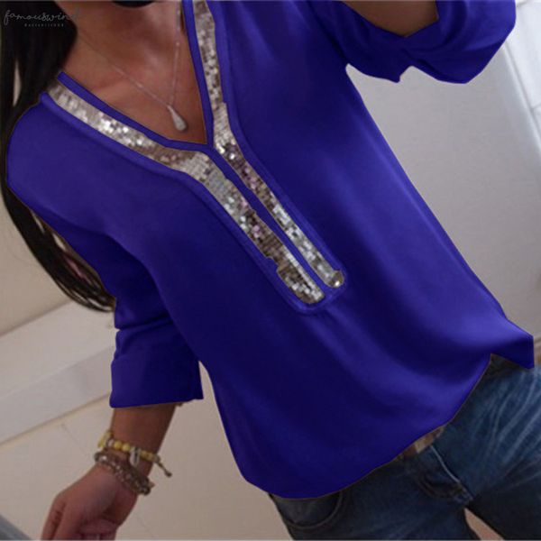 

women s 5xl sequins v neck v neck chiffon blouse 2020 spring summer office lady blouses long sleeve plus size femme, White