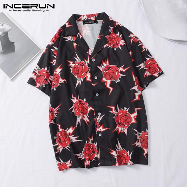 

incerun summer printed lapel comfy blusas streetwear mens hawaiian vocation camisa fashion short sleeve prtined shirts plus size, White;black
