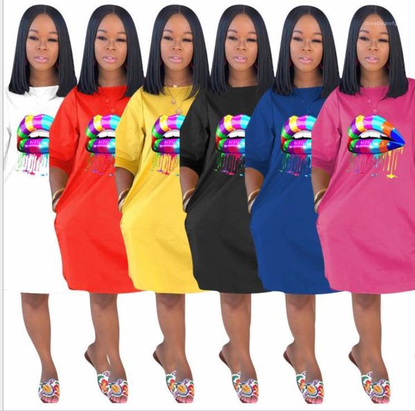 

clothes womens 3d lips printing tshirt dress summer designer crew neck loose plus size dresses females fashion solid color casual, Black;gray