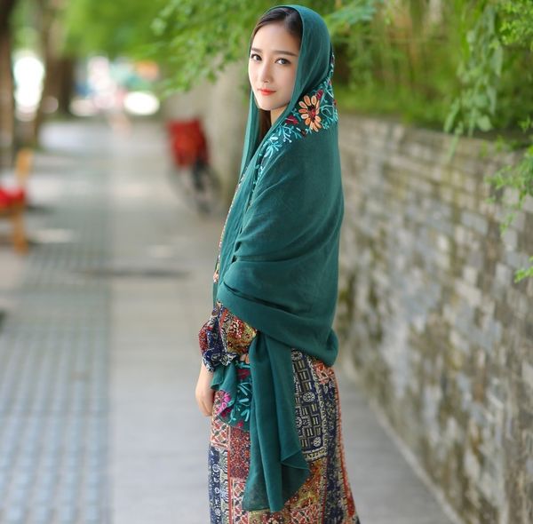 

whdvr new creative embroidery indian shawl cotton and linen scarf air conditioning sunscreen women's national style tourism scarf natio, Blue;gray