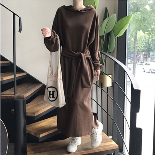 

2020 autumn winter women dress new korean style hooded ladies vestidos cotton max long hoodies dress belt loose robe, Black;gray