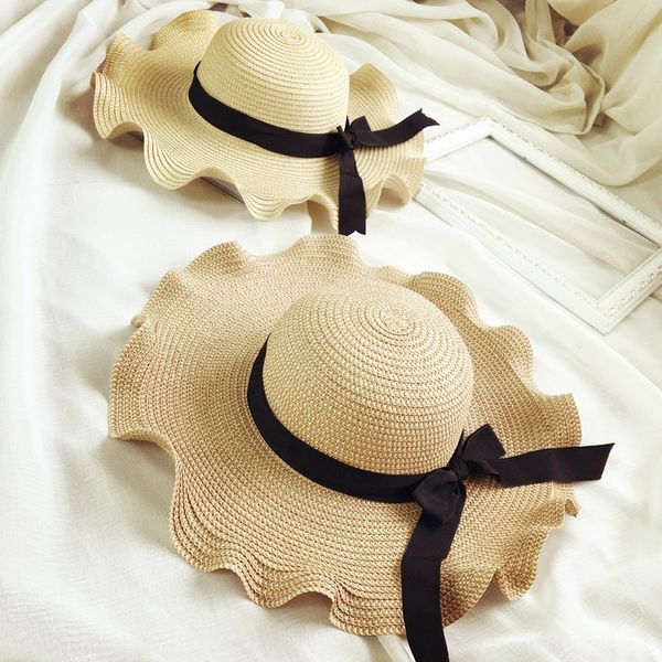 

travel beach bowknot wavy edge straw korean sun straw sunscreen screen hat fashionable sun hat female summer fashion, Blue;gray