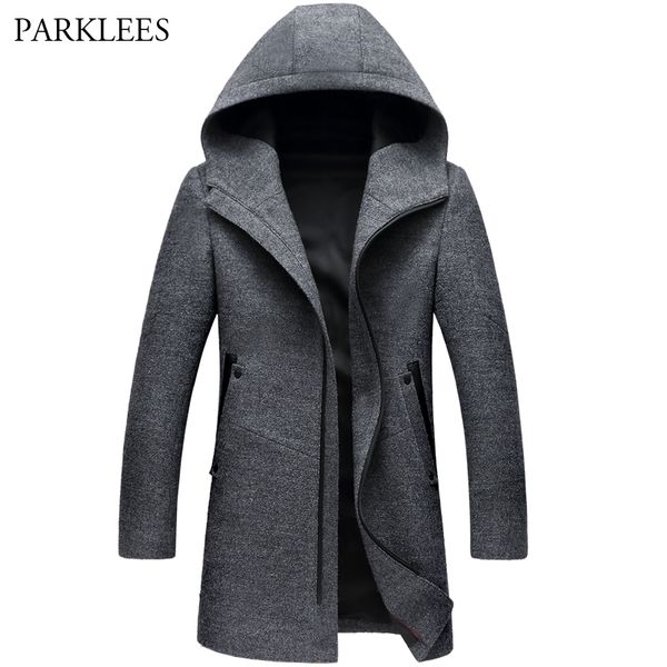 

зима длинный с капюшоном тренчкот мужчины 2020 winter casual мужская шерсть hoodie плащи zipper slim fit мужская ветровка горох coat, Tan;black