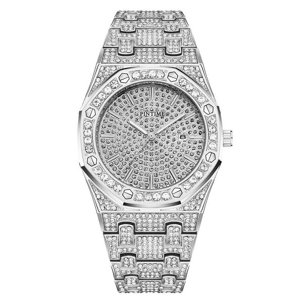 

wholesale mens women fashion watch bling full diamond iced out watches quartz movement party wristwatch royal design stainless steel watches, Slivery;brown