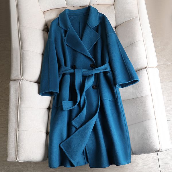 

lace-up loose casual mid-length wool coats vintage chic solid color overcoat female autumn winter lapel coat with belt, Black